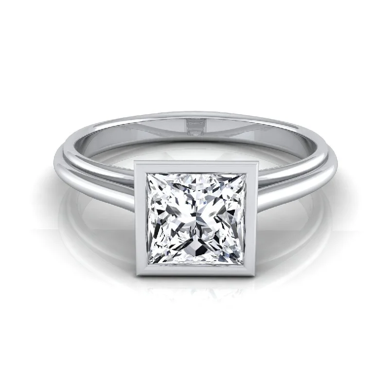 platinum wedding rings with multi-colored diamonds-Platinum Princess Cut  Bezel Halo Cathedral Solitaire Engagement Ring