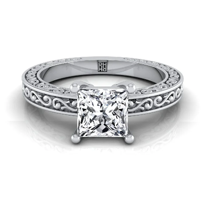 women’s wedding bands with diamonds for couples-Platinum Princess Cut Hand Engraved Scroll Vintage Solitaire Engagement Ring