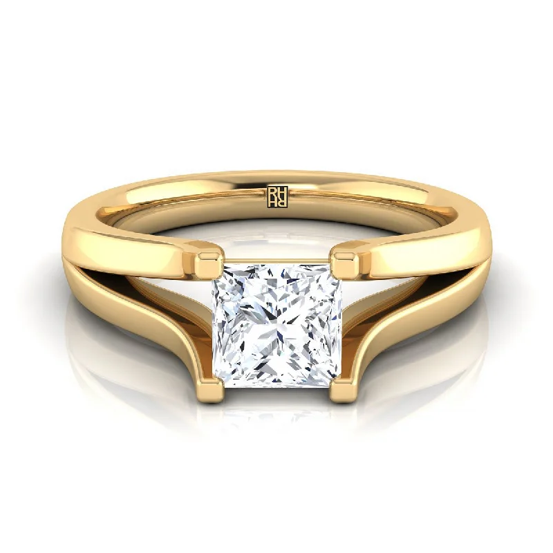 women’s engagement rings with colored diamonds-14K Yellow Gold Princess Cut Modern Split Shank Solitaire Engagement Ring