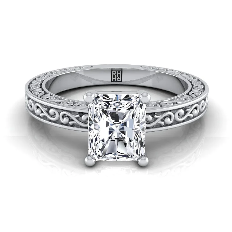 custom wedding rings with diamond accents for men-Platinum Radiant Cut Center Hand Engraved Scroll Vintage Solitaire Engagement Ring