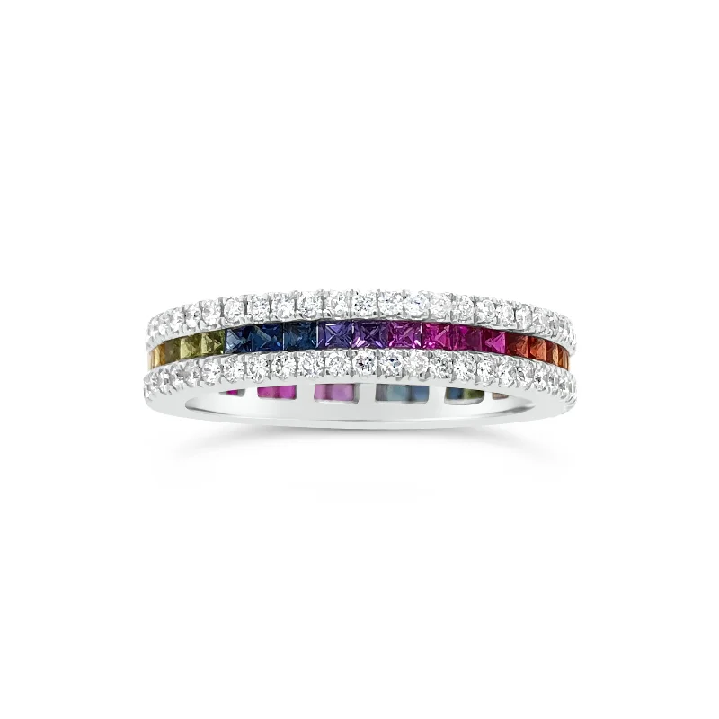 men’s wedding bands with white diamonds and sapphires-Rainbow Gemstone Eternity Ring