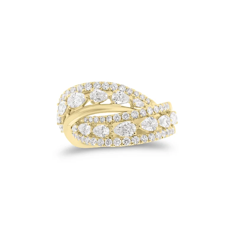 gold wedding rings for women with colored diamonds-Round & Pear-Shaped Diamond Crossover Ring