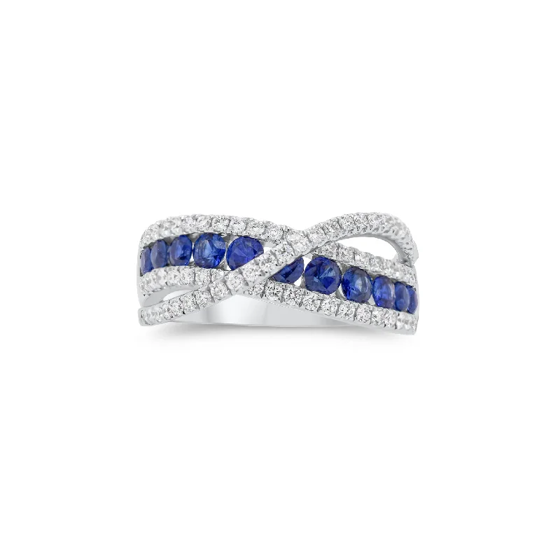 custom platinum wedding bands for couples-Sapphire & Diamond Crossover Ring