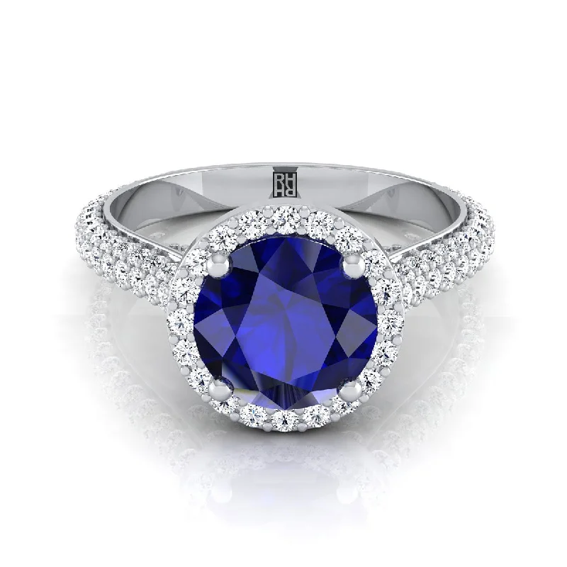 women’s engagement rings with custom engravings-Platinum Round Brilliant Sapphire Micro-Pavé Halo With Pave Side Diamond Engagement Ring -7/8ctw