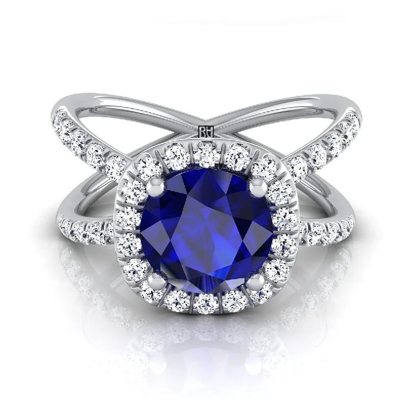 platinum rings for men with diamonds and sapphires-Platinum Round Brilliant Sapphire Open Criss Cross French Pave Diamond Engagement Ring -1/2ctw