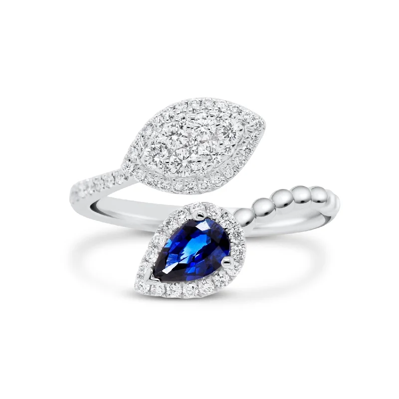 platinum rings for women with sapphires and emeralds-Sapphire Teardrop and Diamond Marquise Bypass Ring