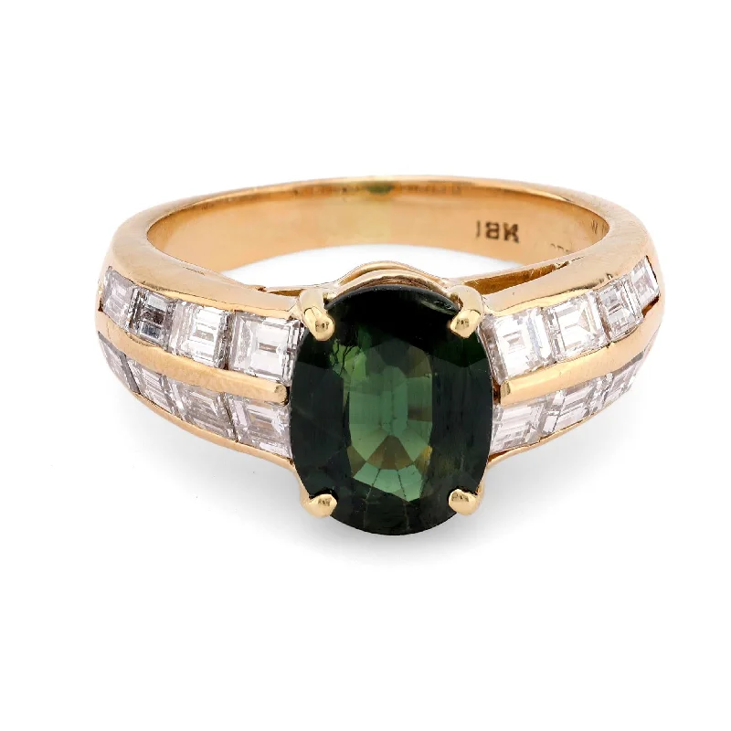 vintage engagement rings with diamonds for couples-Vintage 2.10 carat green sapphire diamond 18k yellow gold ring