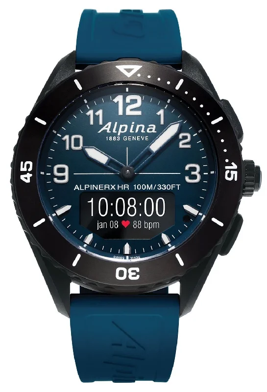 rugged digital watches for men with multi-sport tracking -Alpina Alpiner X Alive Smartwatch Black Fiber Glass Case Blue Dial Blue Rubber Strap Interchangeable Blue Nylon Strap Quartz Mens Watch AL-284LNN5AQ6