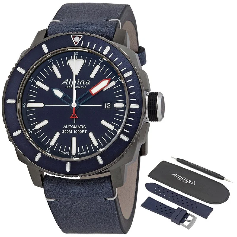 men’s watches with multi-function chronograph and date -Alpina Seastrong Diver 300 Automatic Titanium PVD Case Blue Leather Strap Blue Dial Interchangeable Blue Rubber Strap Date Mens Watch AL-525LNN4TV6