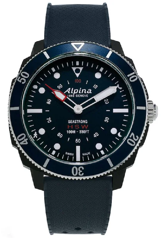 solar-powered watches for women with stylish designs -Alpina Seastrong HSW Horological Smartwatch Black Fiber Glass Case Blue Dial Blue Rubber Strap Quartz Mens Watch AL-282LNN4V6