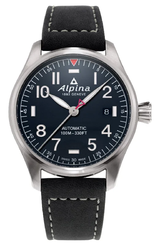 affordable women’s watches with colorful silicone straps -Alpina Startimer Pilot Automatic Stainless Steel Black Leather Strap Blue Dial Date Mens Watch AL-525NN3S6