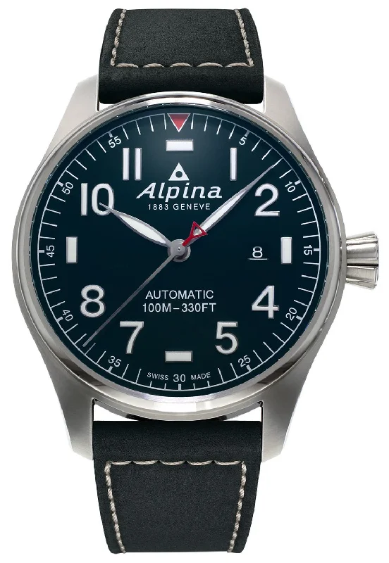 women's watches with bold face design and high-tech features -Alpina Startimer Pilot Automatic Stainless Steel Black Leather Strap Blue Dial Date Mens Watch AL-525NN4S6