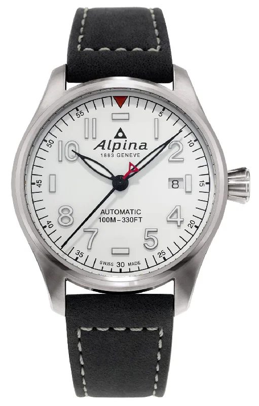 men’s watches with black silicone bands and multi-functional dials -Alpina Startimer Pilot Automatic Stainless Steel Black Leather Strap White Dial Date Mens Watch AL-525S3S6