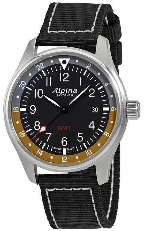 women’s watches with slim profile and modern design -Alpina Startimer Pilot GMT Stainless Steel Black Canvas Black Dial Date Quartz Mens Watch AL-247BBG4S6