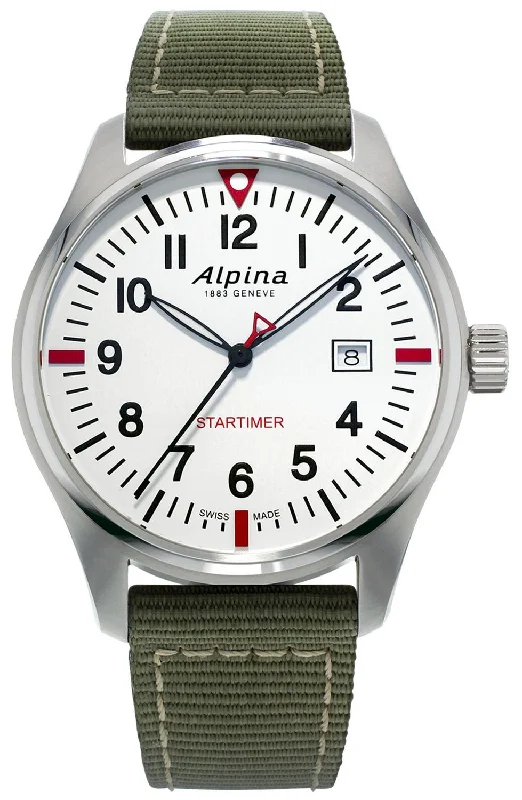 premium watches for men with minimalist design and leather straps -Alpina Startimer Pilot Stainless Steel Green Nylon Strap White Dial Quartz Date Mens Watch AL-240S4S6