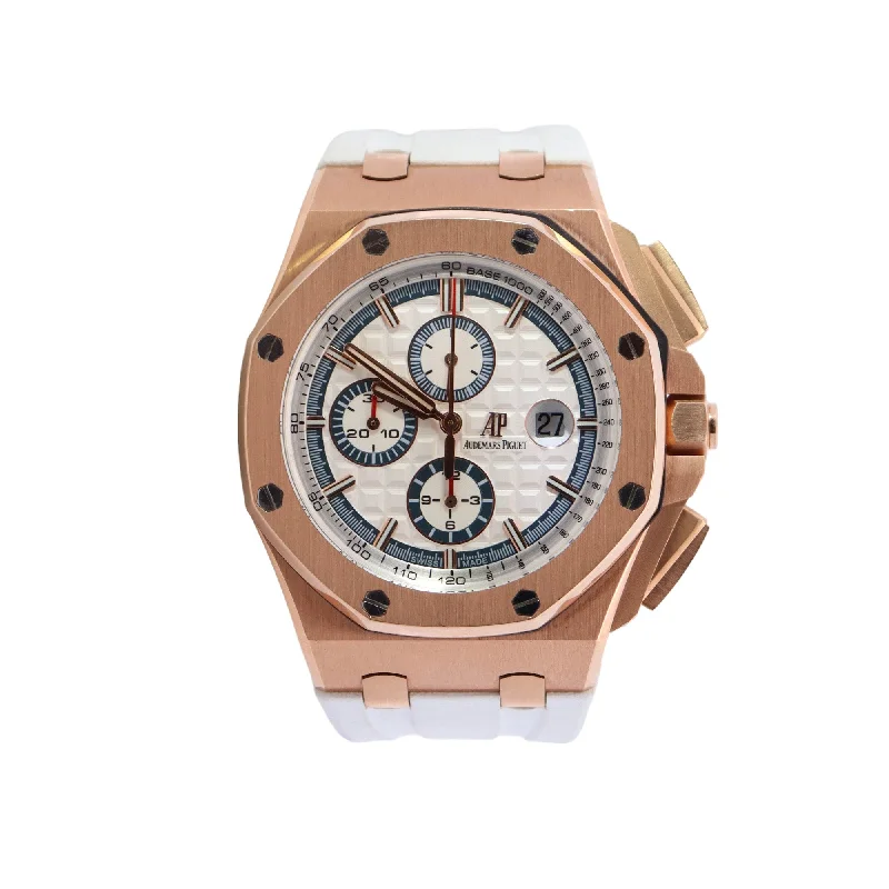 men's watches with advanced chronograph features and rubber straps -Audemars Piguet Royal Oak Offshore 44mm White Dial Watch Ref# 24608OR.OO.A010CA.01