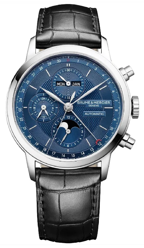 sport watches for men with heart rate and distance tracking -Baume & Mercier Classima Automatic Chronograph Blue Dial Black Leather Strap Moonphase Day-Date Month Mens Watch MOA10484