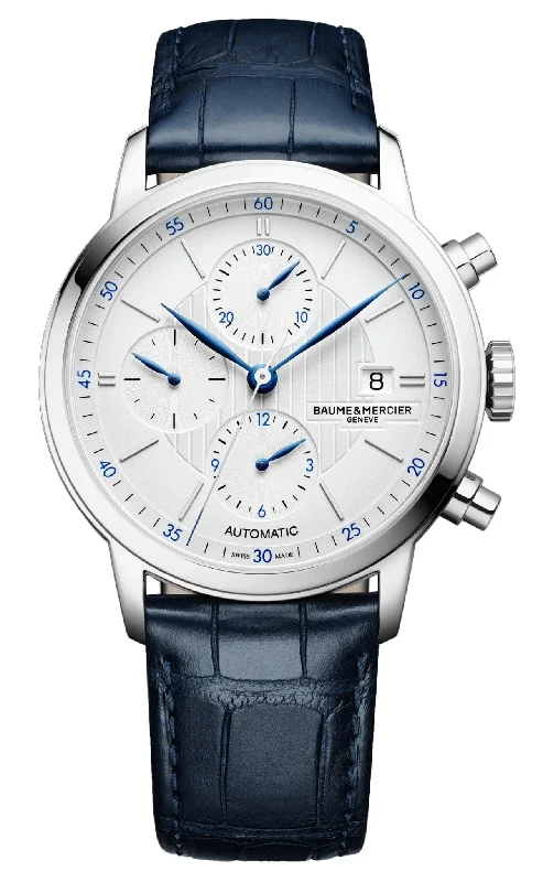 stylish men's watches with modern technology and retro dials -Baume & Mercier Classima Automatic Chronograph Stainless Steel Blue Leather Strap Silver Dial Date Mens Watch M0A10330