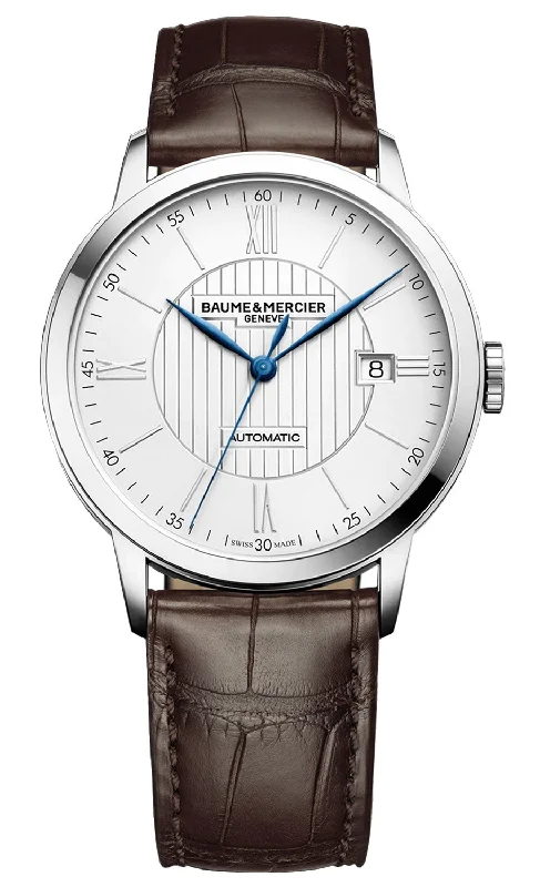 men’s watches with leather straps and classic round dials -Baume & Mercier Classima Automatic Silver-Tone Dial Brown Leather Strap Date Mens Watch M0A10214