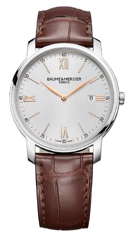 digital sport watches for men with interval timers -Baume & Mercier Classima Silver-Tone Dial Brown Leather Strap Date Quartz Mens Watch M0A10415