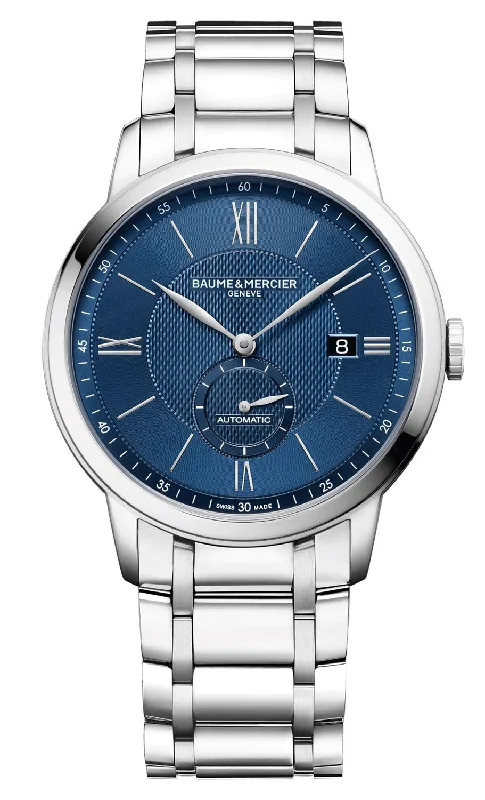 women's watches with slim leather straps and classic designs -Baume & Mercier Classima Stainless Steel Automatic Blue Dial Date Mens Watch M0A10481