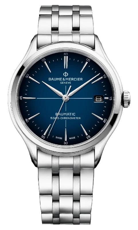 solar-powered watches for women with stylish designs -Baume & Mercier Clifton Baumatic COSC Automatic Stainless Steel Blue Dial Date Mens Watch M0A10468