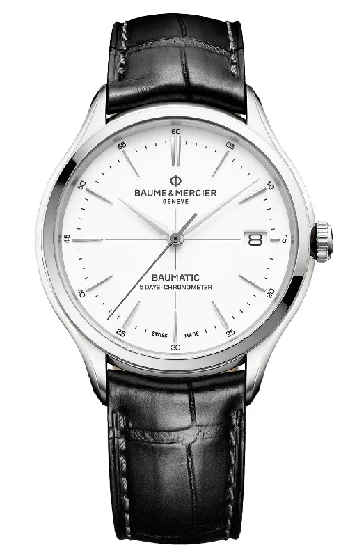 high-quality mechanical watches for men with automatic movement -Baume & Mercier Clifton Baumatic COSC Automatic White Dial Black Leather Strap Date Mens Watch M0A10518