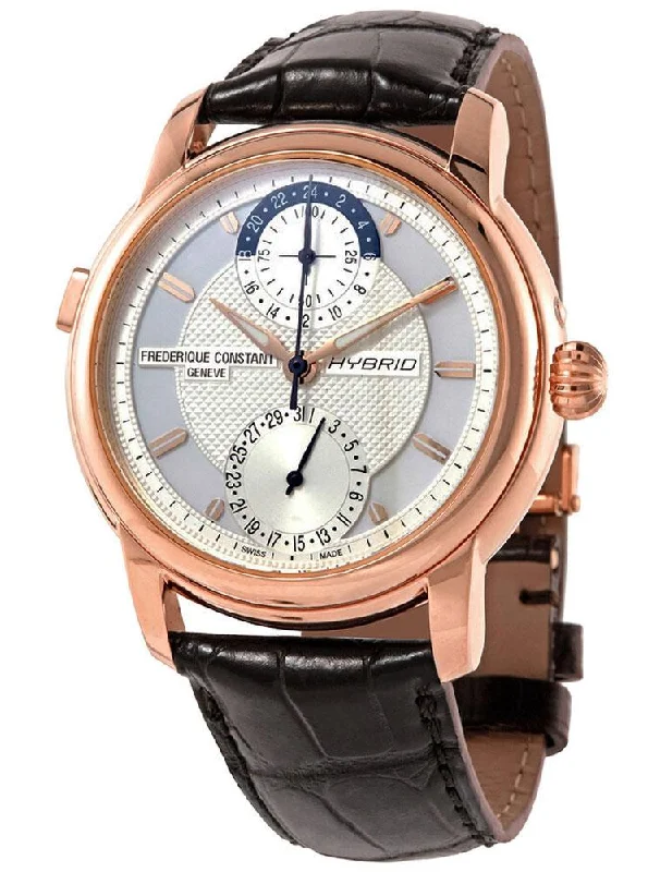 women's watches with diamond-encrusted bezels and modern designs -Frederique Constant Classic Hybrid Manufacture Automatic Mens Horological Smartwatch Worldtimer Rose Gold Plated Brown Leather FC-750V4H4