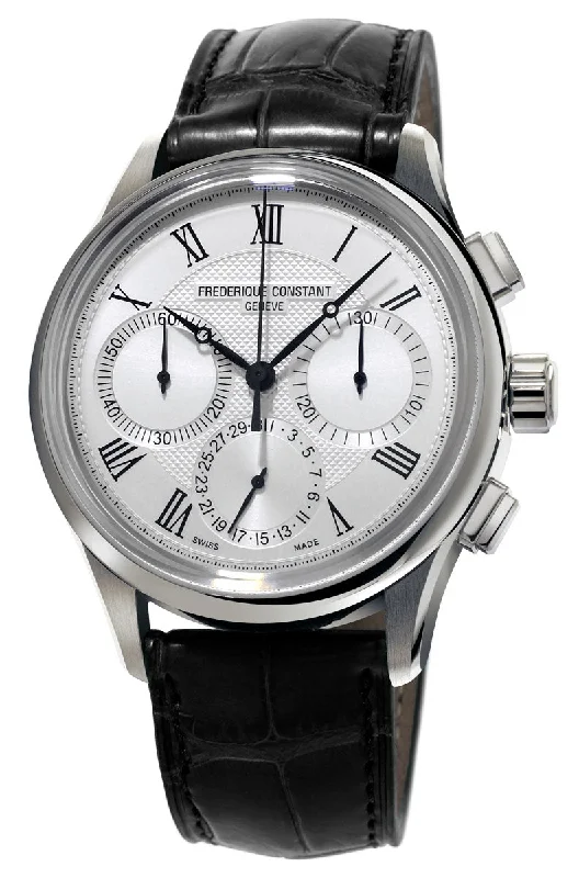 classic analog watches for men with rugged designs -Frederique Constant Flyback Chronograph Manufacture Silver Dial Black Leather Strap Automatic Mens Watch FC-760MC4H6