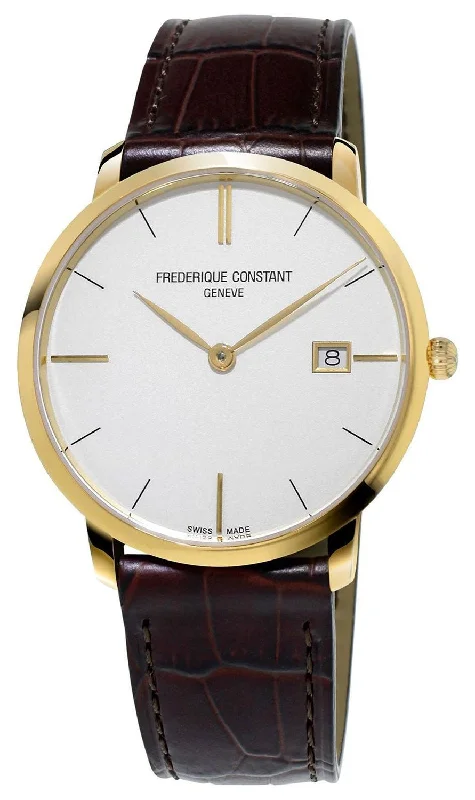 best digital watches for men with fitness apps -Frederique Constant Slimline Yellow Gold Plated Silver Dial Brown Leather Strap Date Quartz Mens Watch FC-220V5S5