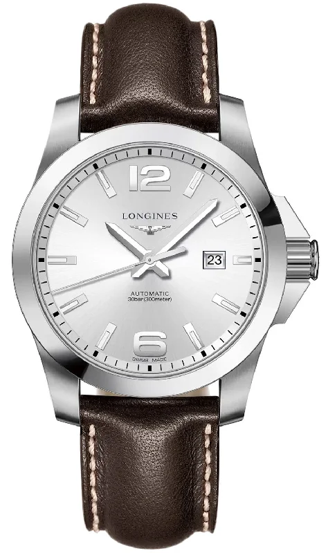 best smartwatches for women with stylish bands and trackers -Longines Conquest Automatic Stainless Steel Brown Leather Strap Silver Dial Date Mens Watch L3.778.4.76.5