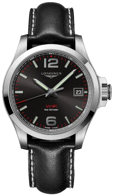 luxury men’s watches with unique materials and sophisticated designs -Longines Conquest V.H.P. Black Dial Black Leather Strap 41mm Men's Watch L3.716.4.56.2