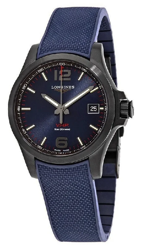 men's watches with sleek design and durable stainless steel -Longines Conquest V.H.P. Black PVD Blue Rubber Strap Blue Dial Perpetual Calendar Date Quartz Mens Watch L3.716.2.96.9