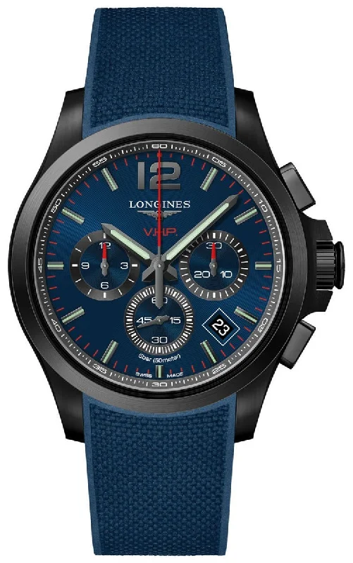 classic sport watches for men with durable rubber straps -Longines Conquest V.H.P. Chronograph Black PVD Blue Rubber Strap Blue Dial Perpetual Calendar Date Quartz Mens Watch L3.717.2.96.9