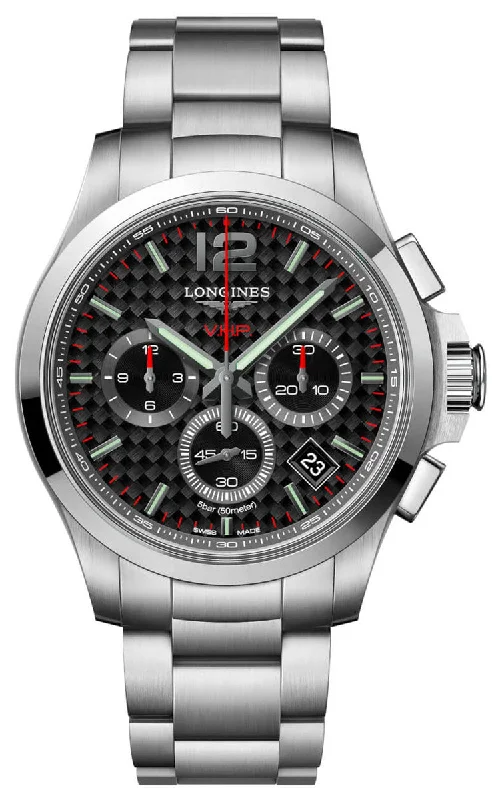 men's watches with sport-inspired designs and water resistance -Longines Conquest V.H.P. Chronograph Stainless Steel Black Dial Perpetual Calendar Date Quartz Mens Watch L3.717.4.66.6