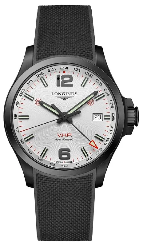 sport watches for men with built-in heart rate monitoring -Longines Conquest V.H.P. GMT Black PVD Black Rubber Strap Silver Dial Perpetual Calendar Date Quartz Mens Watch L3.728.2.76.9