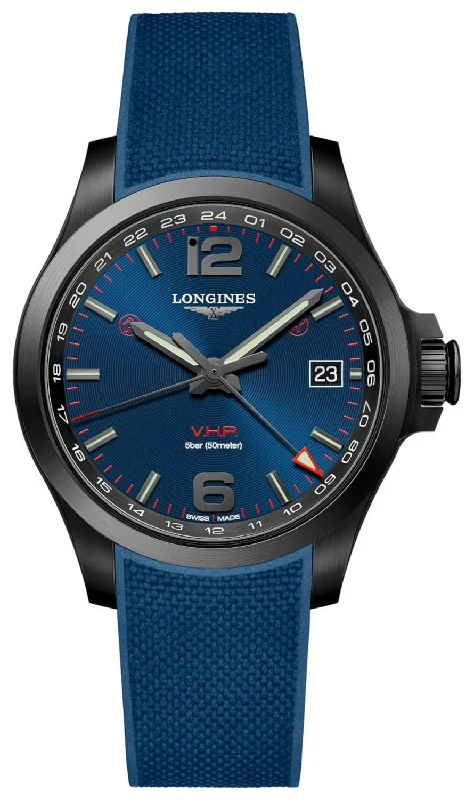 men's watches with modern design and retro-inspired dials -Longines Conquest V.H.P. GMT Black PVD Blue Rubber Strap Blue Dial Perpetual Calendar Date Quartz Mens Watch L3.718.2.96.9