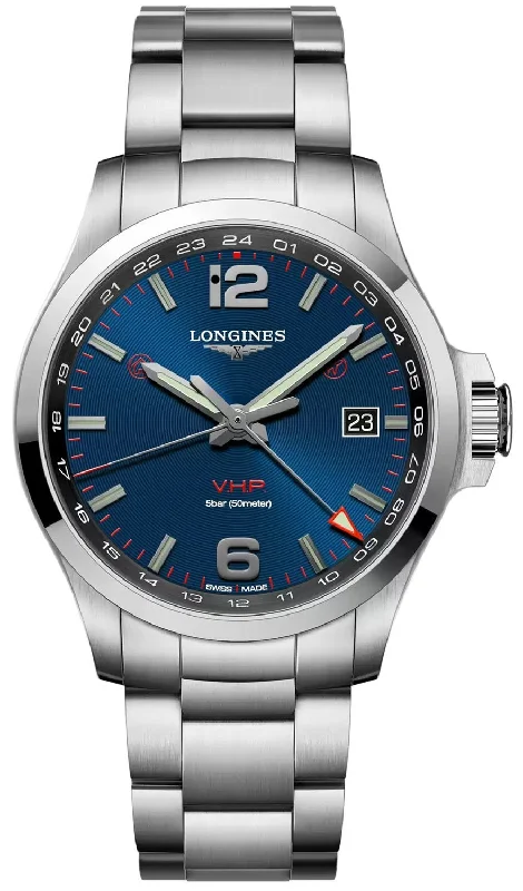 luxury watches for men with intricate, hand-finished details -Longines Conquest V.H.P. GMT Stainless Steel Blue Dial Perpetual Calendar Date Quartz Mens Watch L3.728.4.96.6