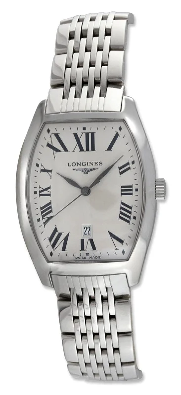 watches for men with two-tone stainless steel and gold accents -Longines Evidenza Stainless Steel Tonneau Silver Dial Date Quartz Mens Watch L2.655.4.71.6