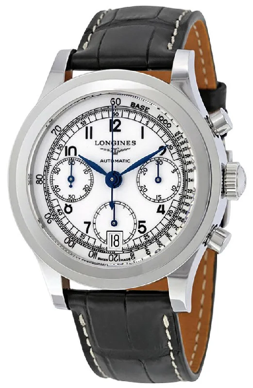 women's watches with sparkling crystals and elegant faces -Longines Heritage Automatic Chronograph Stainless Steel Black Leather Strap White Dial Date Mens Watch L2.768.4.13.2