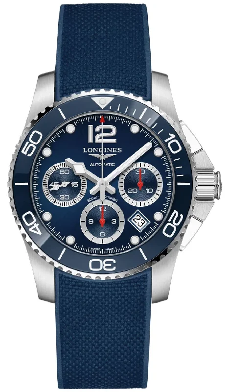 rugged smartwatches for men with shockproof and waterproof features -Longines HydroConquest Automatic Chronograph Stainless Steel Blue Rubber Strap Blue Dial Date Divers Mens Watch L3.783.4.96.9