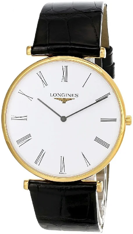 best digital watches for men with fitness apps -Longines La Grande Classique Yellow Gold PVD White Dial Black Leather Strap Quartz Mens Watch L4.766.2.11.2