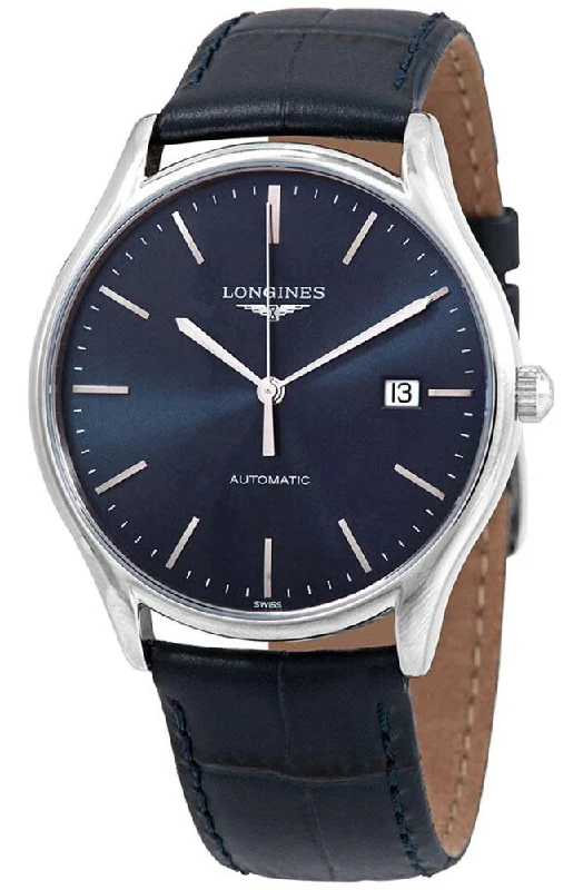 waterproof sport watches for men with heart rate monitor -Longines Lyre Automatic Stainless Steel Blue Dial Blue Leather Strap Date Mens Watch L4.960.4.92.2