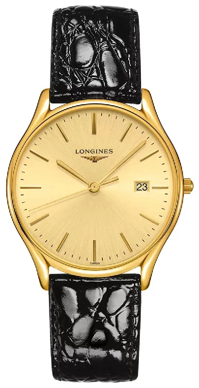 premium watches with mechanical movement for men -Longines Lyre Yellow Gold PVD Gold-Tone Dial Black Leather Strap Date Quartz Mens Watch L4.859.2.32.2