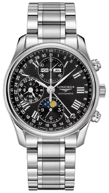 watches for women with minimalist designs and bold colors -Longines Master Collection Automatic Chronograph Stainless Steel Black Dial Moonphase Day/Date Month Mens Watch L2.673.4.51.6