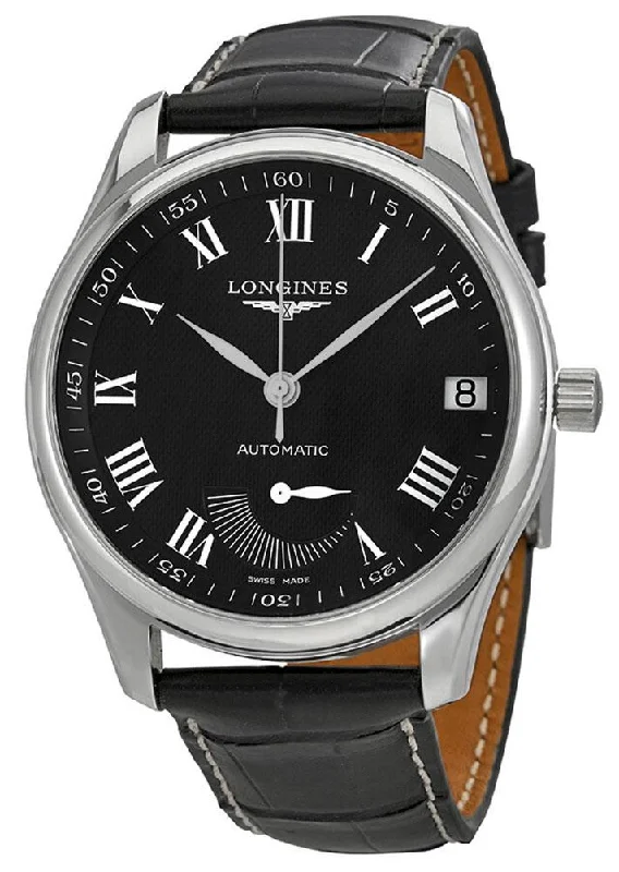 classic smartwatches with fitness and tracking features for men -Longines Master Collection Automatic Stainless Steel Black Leather Strap Black Dial Power Reserve Indicator Date Mens Watch L2.666.4.51.7