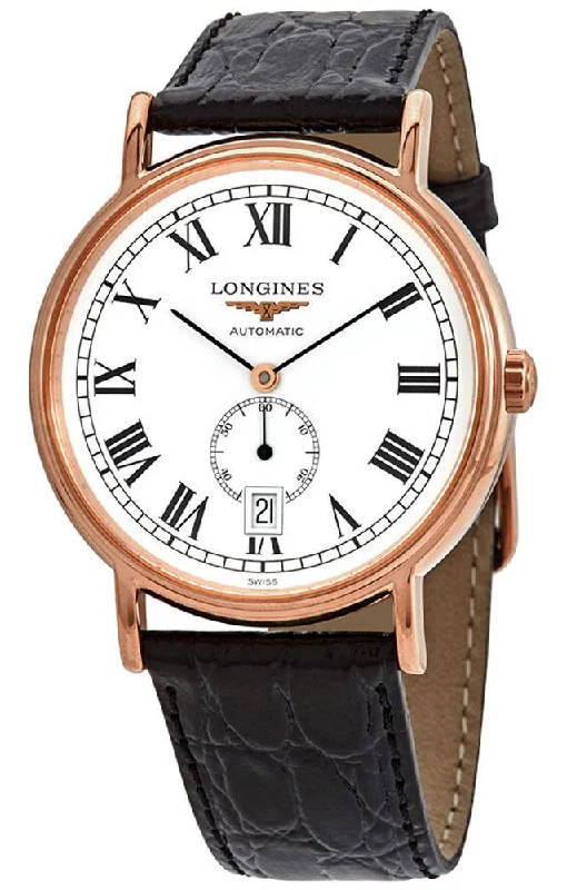 premium digital watches with GPS and sports functions for men -Longines Presence Automatic Rose Gold PVD White Dial Black Leather Strap Date Mens Watch L4.805.1.11.2