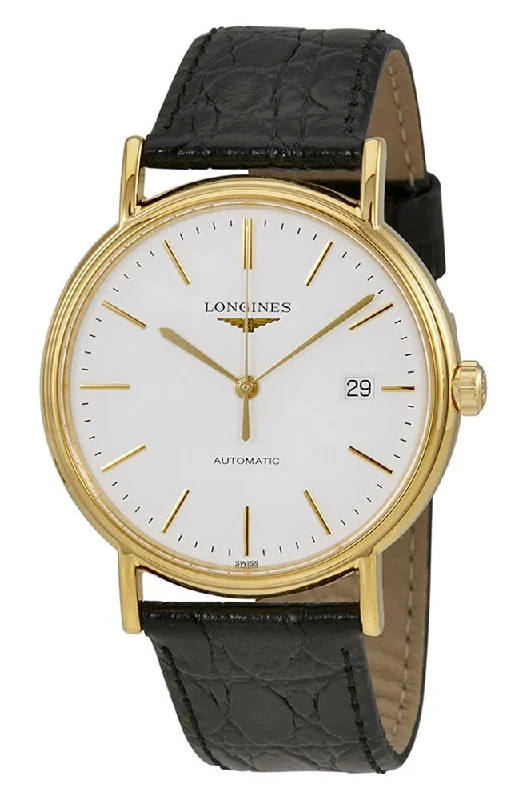 best watches for men with customizable straps and features -Longines Presence Automatic Yellow Gold PVD White Dial Black Leather Strap Date Mens Watch L4.921.2.12.2