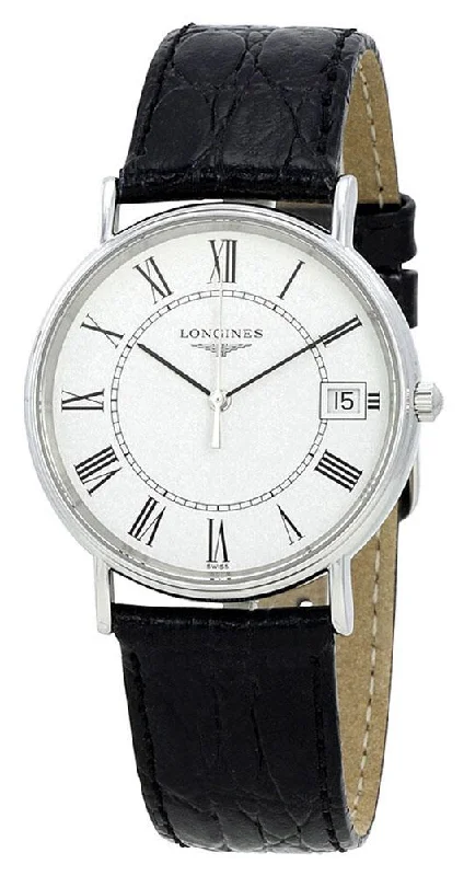 luxury men’s watches with stainless steel and leather hybrid bands -Longines Presence Stainless Steel White Dial Black Leather Strap Date Quartz Mens Watch L4.819.4.11.2