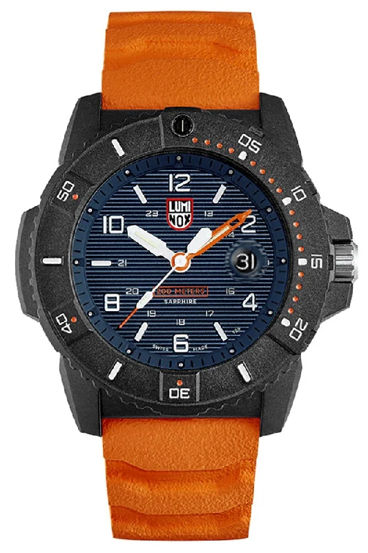 sleek watches for men with high-quality stainless steel bands -Luminox Navy Seal CARBONOX Orange Rubber Strap Blue Dial Date Divers Quartz Mens Watch XS.3603